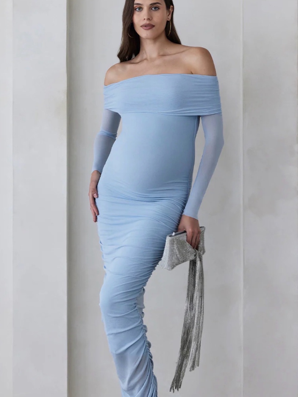Off-Shoulder Light Blue One-Shoulder Ruched Midi Dress